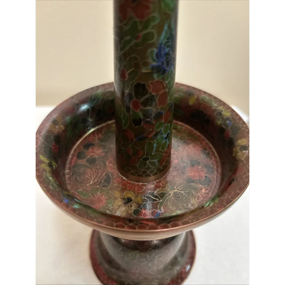 Vintage Chinese Cloisonne Floral Candlesticks Copper Brass 10.5 Inch Set of 2